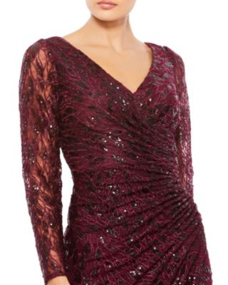 Long Sleeve Ruched Sequined V-Neck Gown