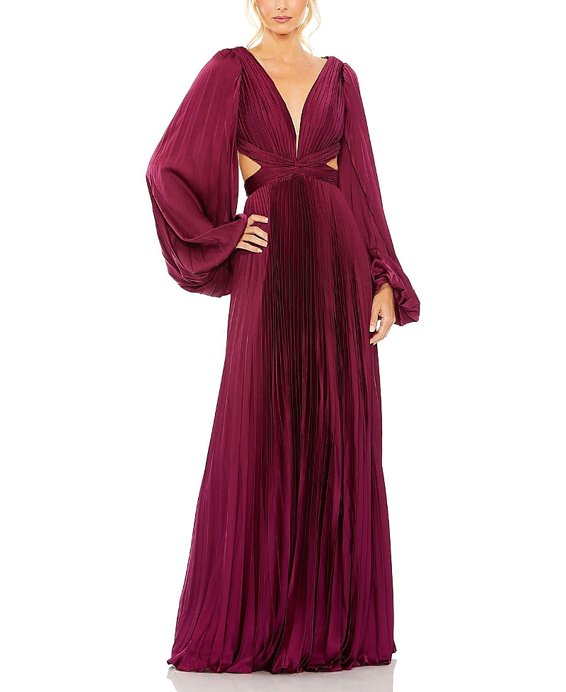 Mac Duggal Long Sleeve Pleated Charmeuse Cut Out Gown In Burgundy