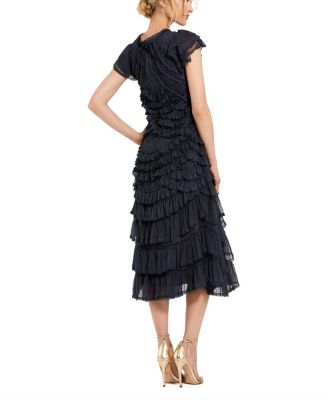 High Neck Ruffle Mesh Midi Dress