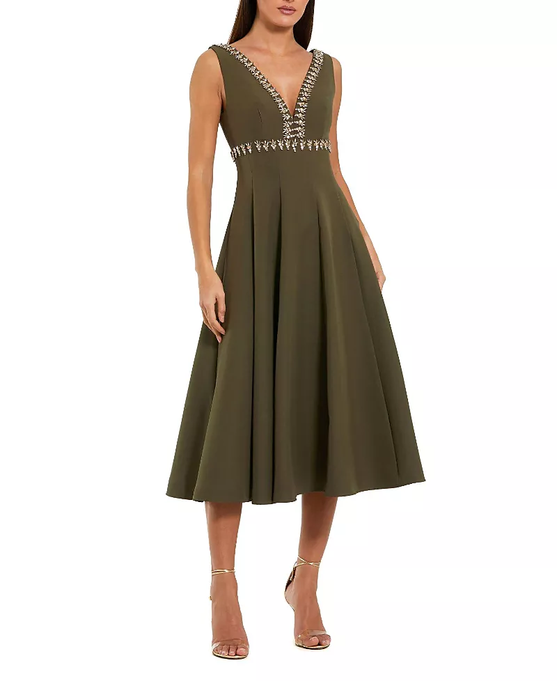 Women's Rhinestone Embellished Crepe A Line Midi Dress