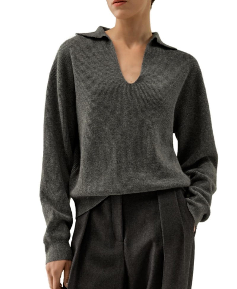 Lilysilk Ribbed Cashmere Polo Sweater In Gray
