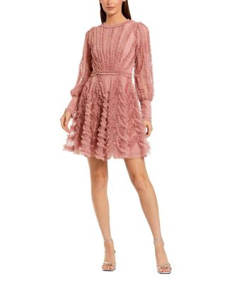 Ruffle Lace Up Back Long Sleeve Mini Dress
