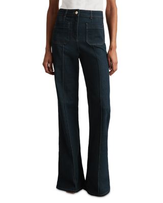 Petite Sakura Patch Pocket High Rise Flare Jeans in Dark Blue