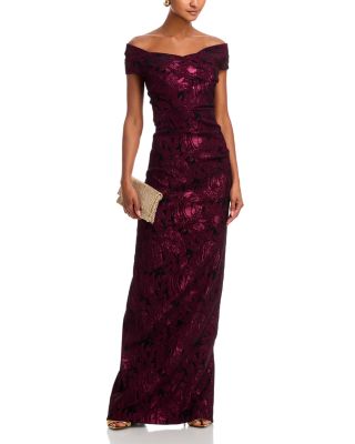 Floral Stretch Jacquard Off-the-Shoulder Ruched Gown