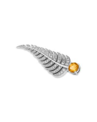 Citrine & Diamond Feather Pin in 14K White Gold