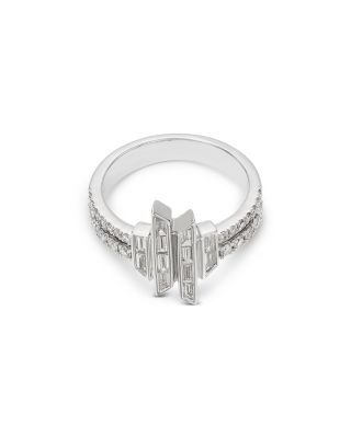 Diamond Round & Baguette Geometric Cluster Double Row Ring in 14K White Gold, 0.75 tcw