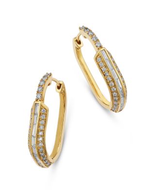 Diamond Round & Baguette Oval Hoop Earrings in 14K Yellow Gold, 1.25 tcw