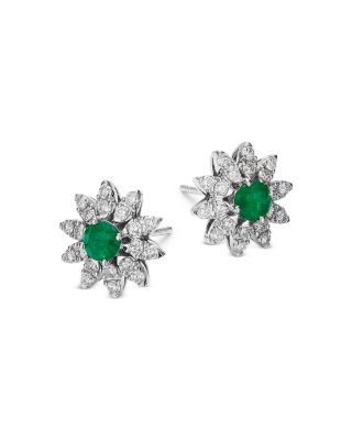Emerald & Diamond Flower Stud Earrings in 14K White Gold