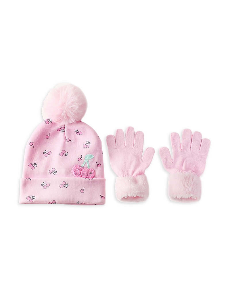Omg Accessories Girls' Cherry Print Hat & Gloves Set - Big Kid In Pink