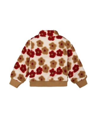 Girls' Full Zip Sherpa Jacket with Jacquard Floral Pattern - Big Kid