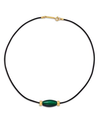 14K Yellow Gold Malachite Black Leather Cord Collar Necklace, 16"