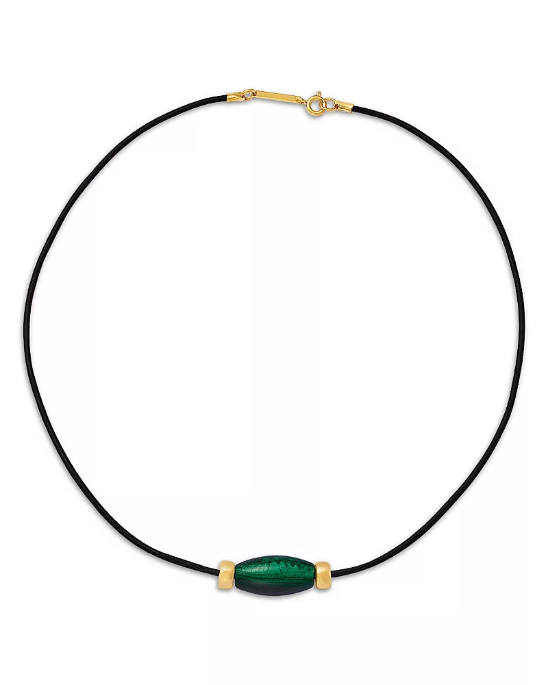 Zoe Chicco 14K Yellow Gold Malachite Black Leather Cord Collar Necklace, 16