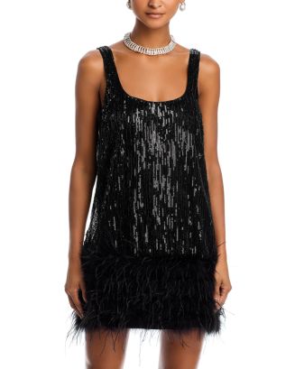 AQUA Ostrich Feather Sequin Mini Dress - Exclusive