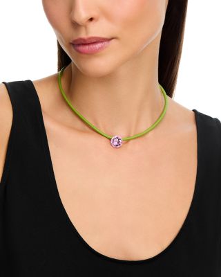 Sterling Silver & 9K Yellow Gold Amethyst Flower Green Leather Cord Pop Choker Necklace, 16.5"