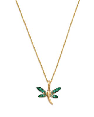 Emerald Ombre Dragonfly Pendant Necklace in 14K Yellow Gold, 20"