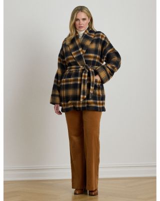 Plaid Wool Blend Shawl Collar Wrap Coat