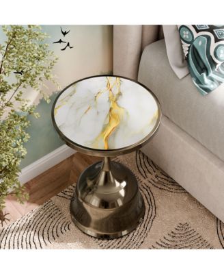 Knoll 16" Iron Round End Table with Marble-Pattern Top and Bell Base