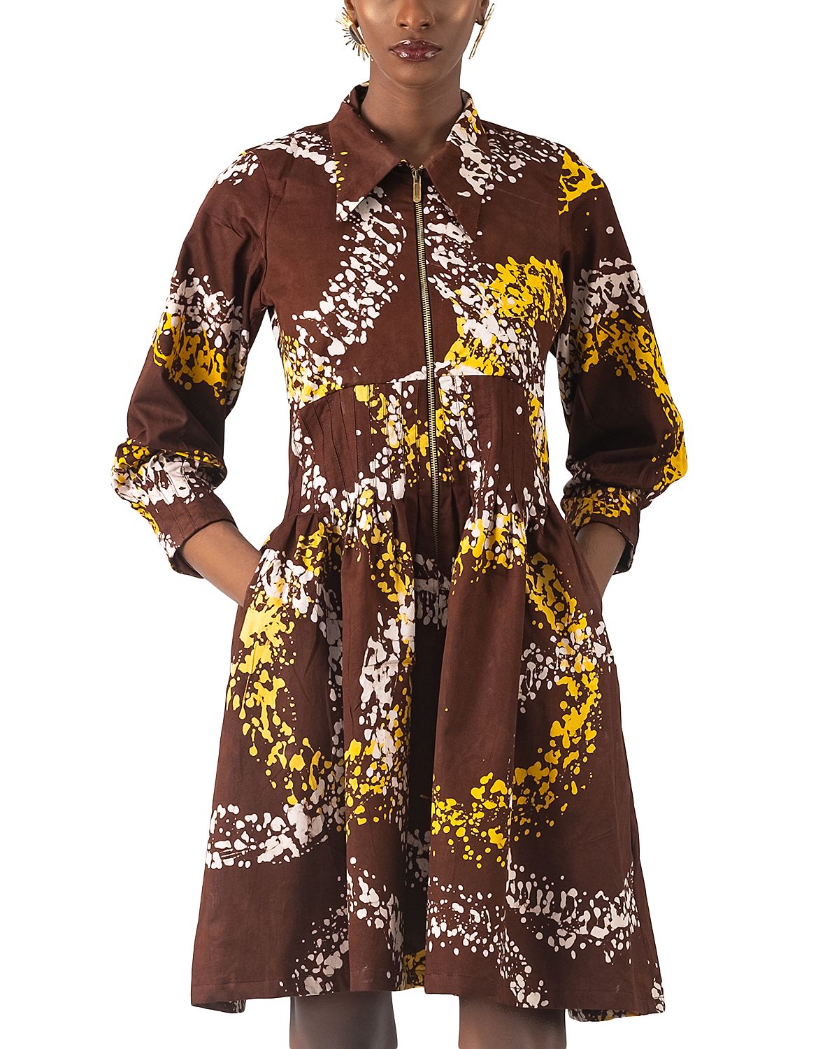 Busayo Kolawole Printed Zip Front Elbow Sleeve Dress