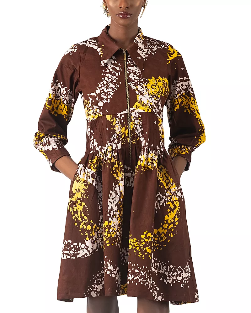 Busayo Kolawole Printed Zip Front Elbow Sleeve Dress