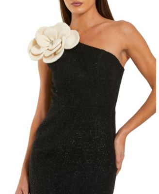  One Shoulder Boucle Midi Dress With 3D Flower