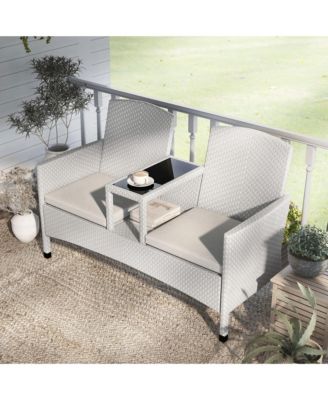 Outdoor PE Wicker Patio Conversation Loveseat with Built-in Glass End Table