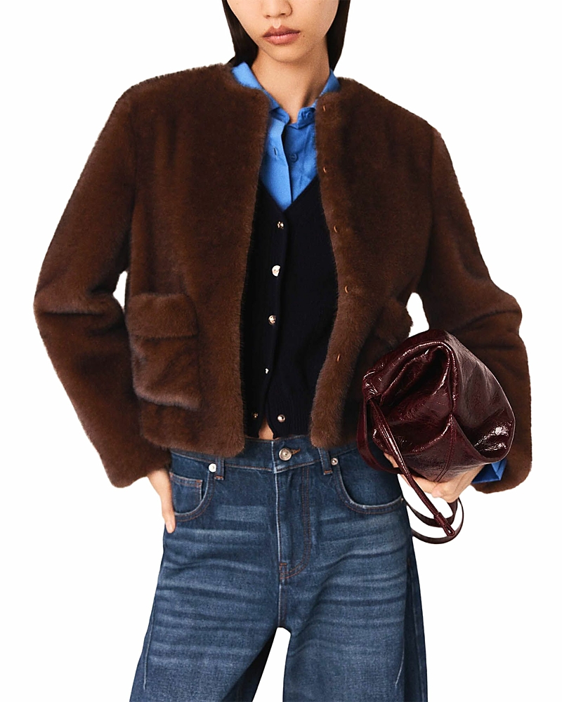 Maje Short Faux Fur Coat In Brown