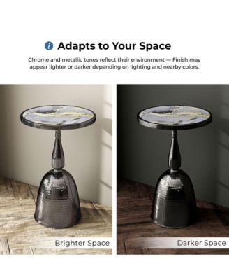 Knoll 16" Iron Round End Table with Marble-Pattern Top and Hammered Base