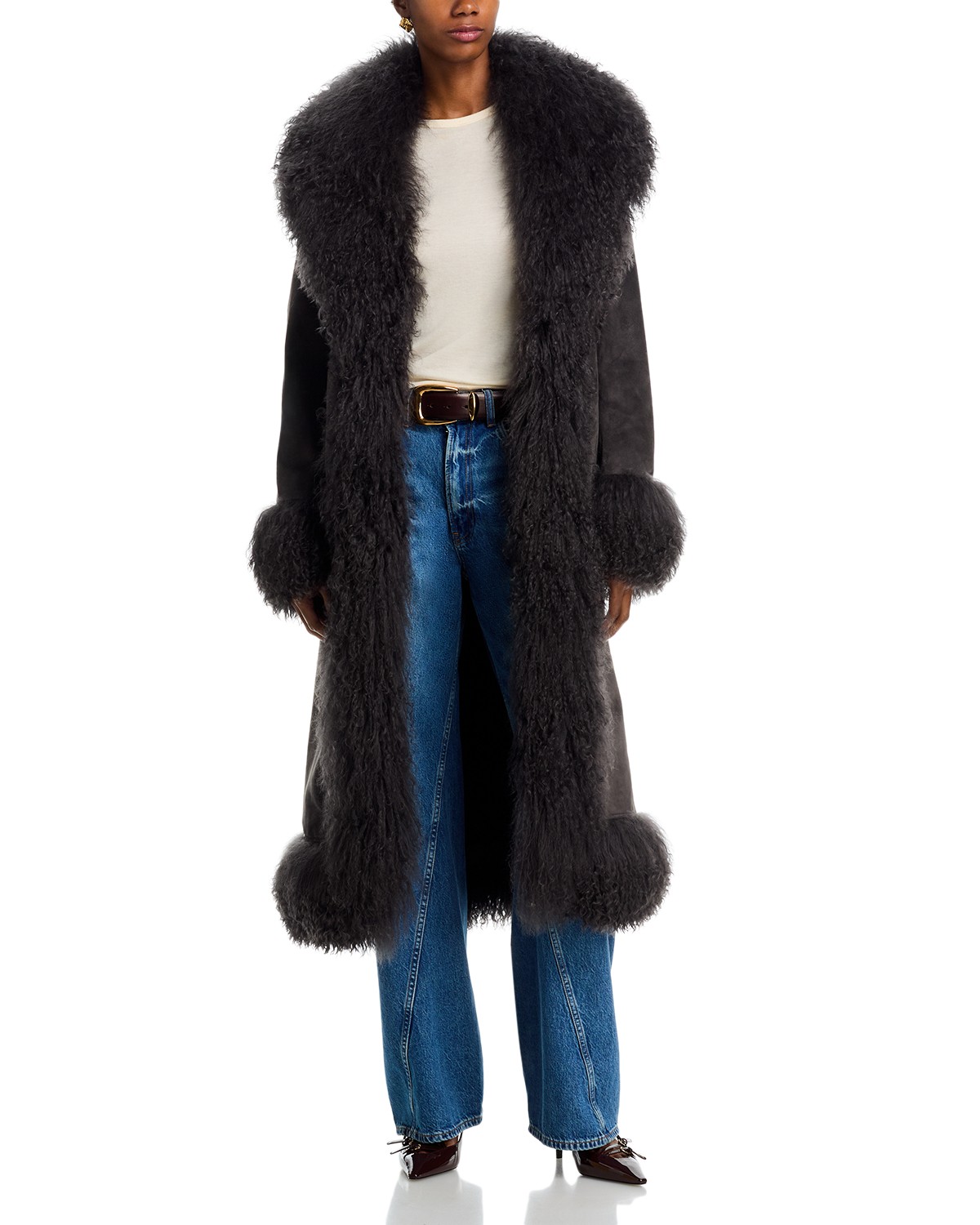 Dorothy Leather & Shearling Trim Midi Coat