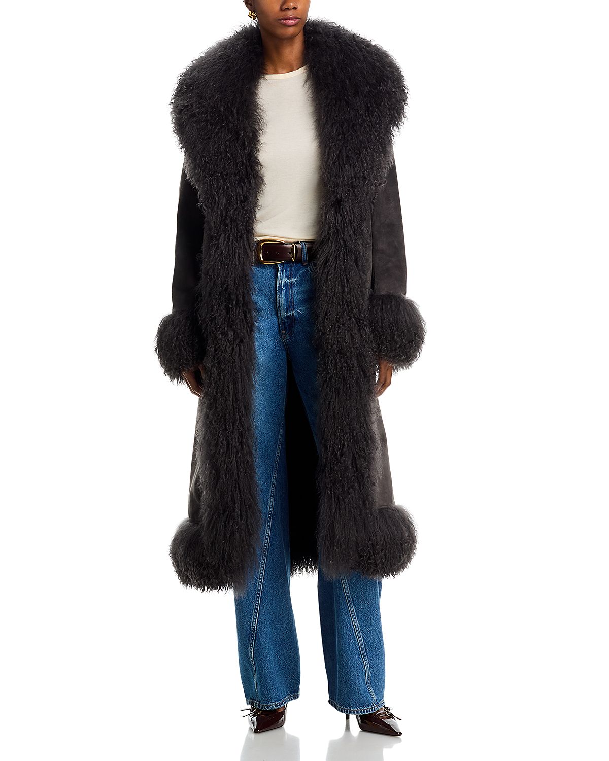 Susanna Chow Dorothy Leather & Shearling Trim Midi Coat