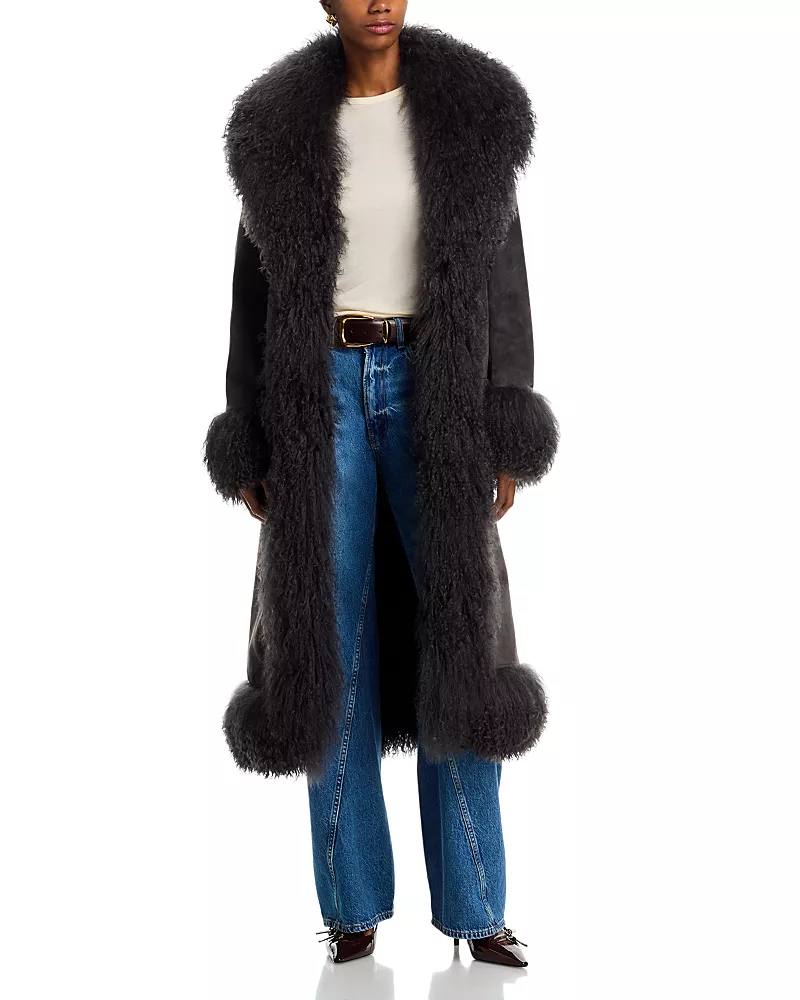 Susanna Chow Dorothy Leather & Shearling Trim Midi Coat