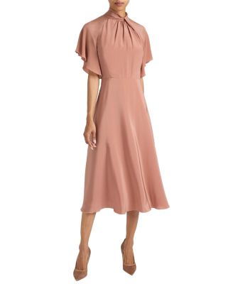 Niki Silk Mock Neck Midi Dress with Short Cape Sleeves