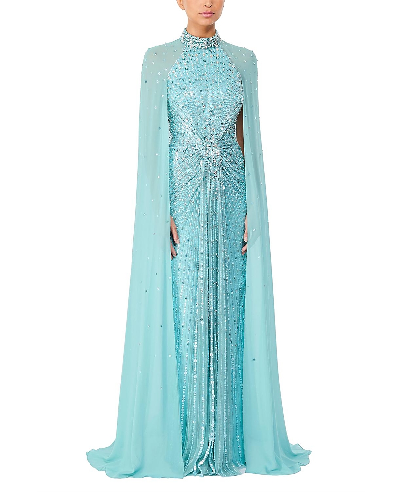 Jenny Packham Thea Embellished Cape Maxi Dress In Blue