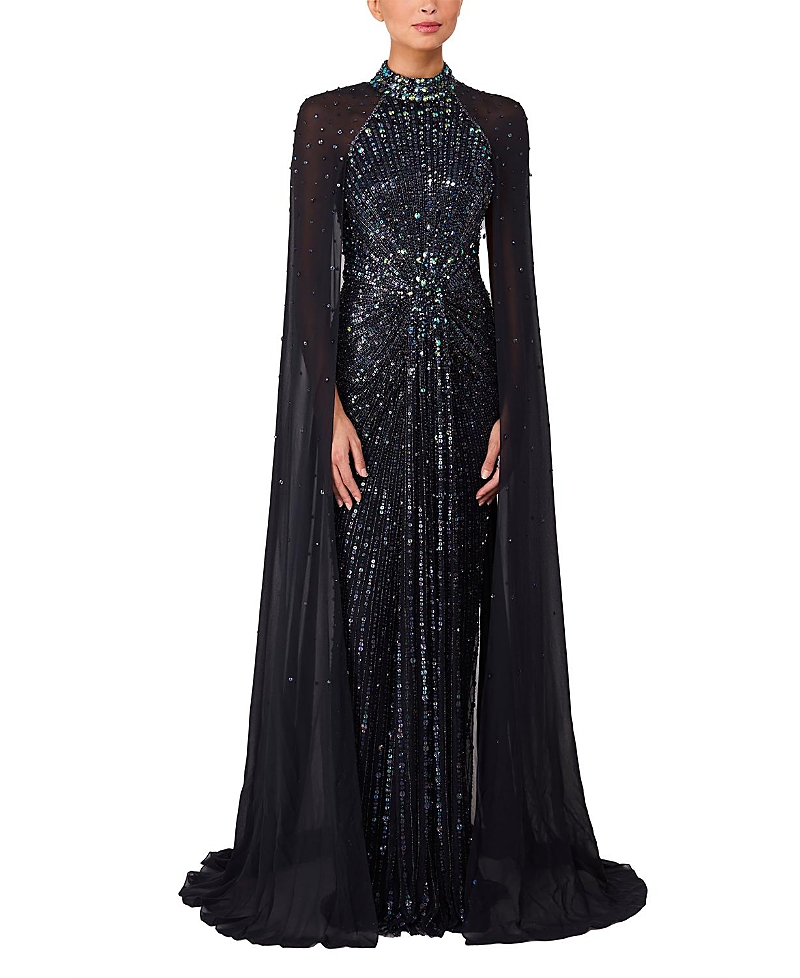 Jenny Packham Thea Embellished Cape Maxi Dress In Black