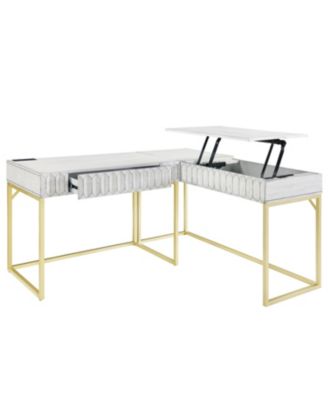 Prelli Steel Base Adjustable Lift Top L-Shaped Writing Desk with USB Ports and Outlets