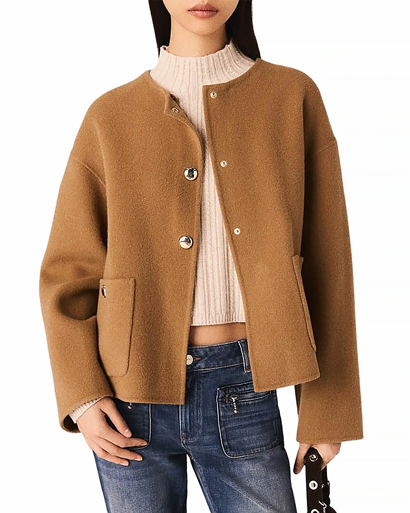 Maje Double-Faced Coat with Leather Collar