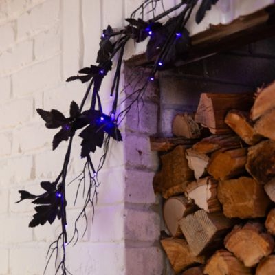6.5' Pre-Lit Artificial Halloween Black Maple Garland with 48 Orange & Purple LED Lights