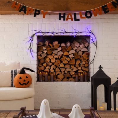 6.5&#39; Pre-Lit Artificial Halloween Black Twig Garland with 48 Purple LED Lights