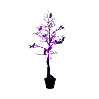 4' Pre-Lit Artificial Halloween Black Spooky Twig Tree with Bats and 120 Orange & Purple LED Lights