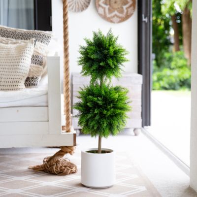 3.5&#39; UV Resistant Artificial Cedar Double Ball Topiary Tree in White Decorative Planter (Indoor/Outdoor)