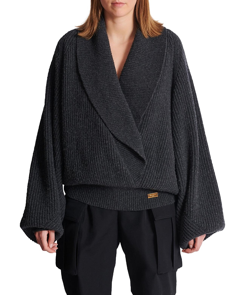 Balmain Oversized Ribbed Knit Pullover With Shawl Collar In Gray