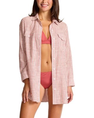 Shoreline Striped Boyfriend Shirt Swim Cover-Up