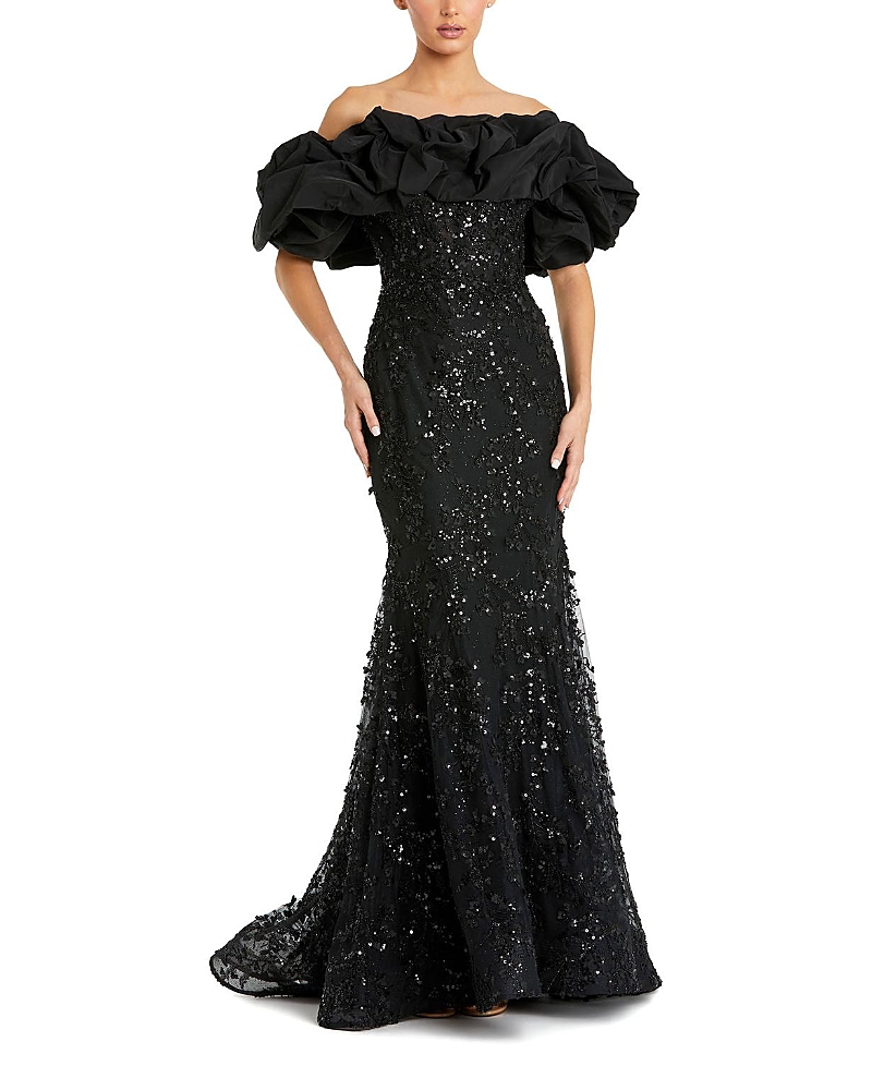 Mac Duggal Beaded Applique Off The Shoulder Mermaid Gown In Black