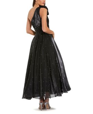  Pearl Beaded Organza One Shoulder Midi Dress