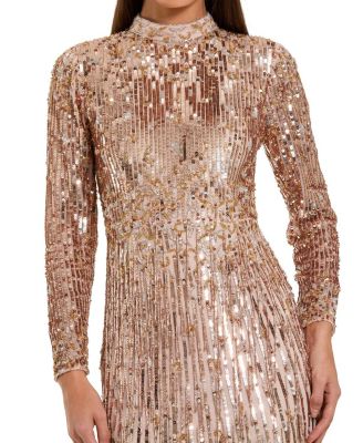 Mock Neck Long Sleeve Sequin & Fringe Column Gown