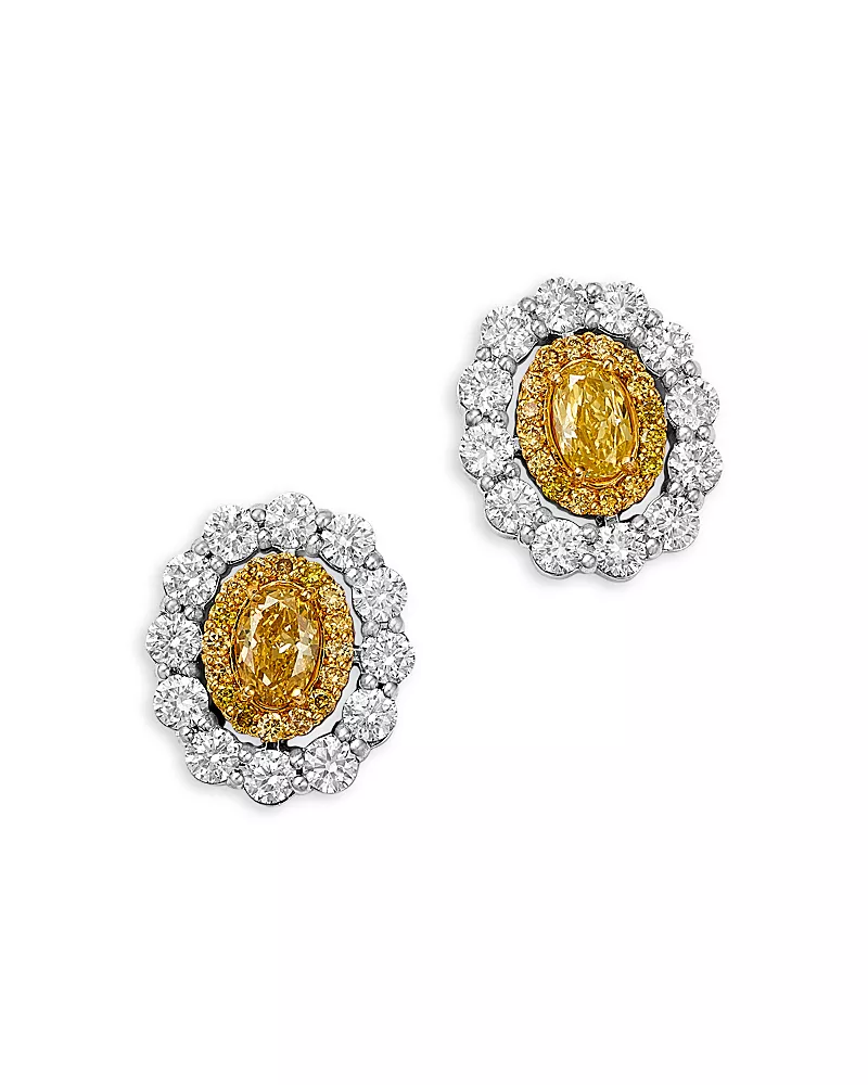 Bloomingdale's Fine Collection White & Yellow Diamond Halo Stud Earrings in 14K White & Yellow Gold, 1.66 tcw