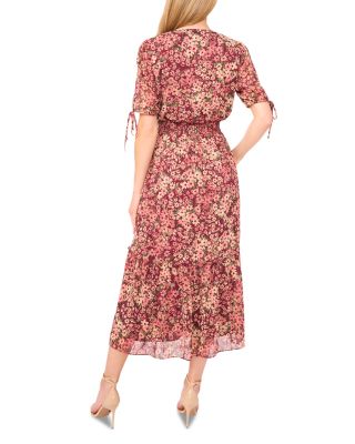 V Neck Tie Sleeve Smocked Waist Maxi Dress