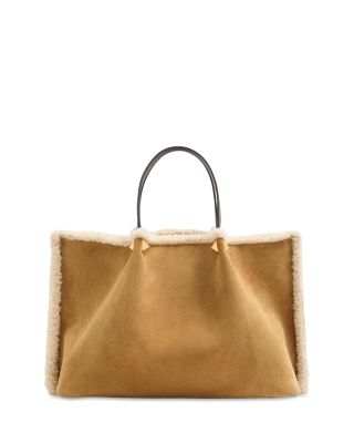 Medium VLogo Suede and Shearling Shopping Tote Bag