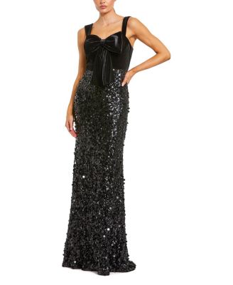 Sequin Column Gown with Velvet Bow Detail