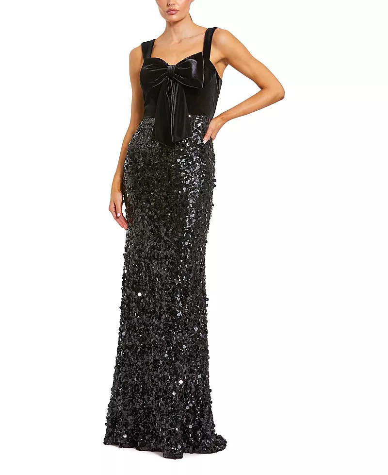 Mac Duggal Sequin Column Gown with Velvet Bow Detail