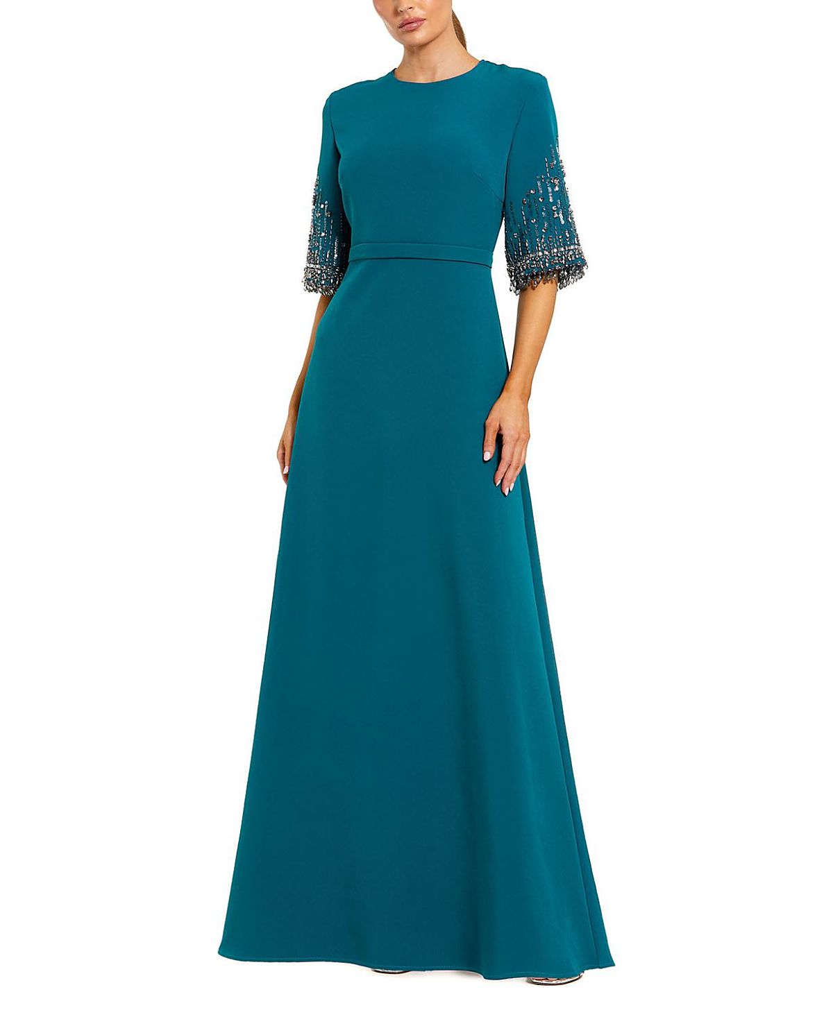 Mac Duggal Crepe A Line Gown With Beaded 3/4 Sleeves